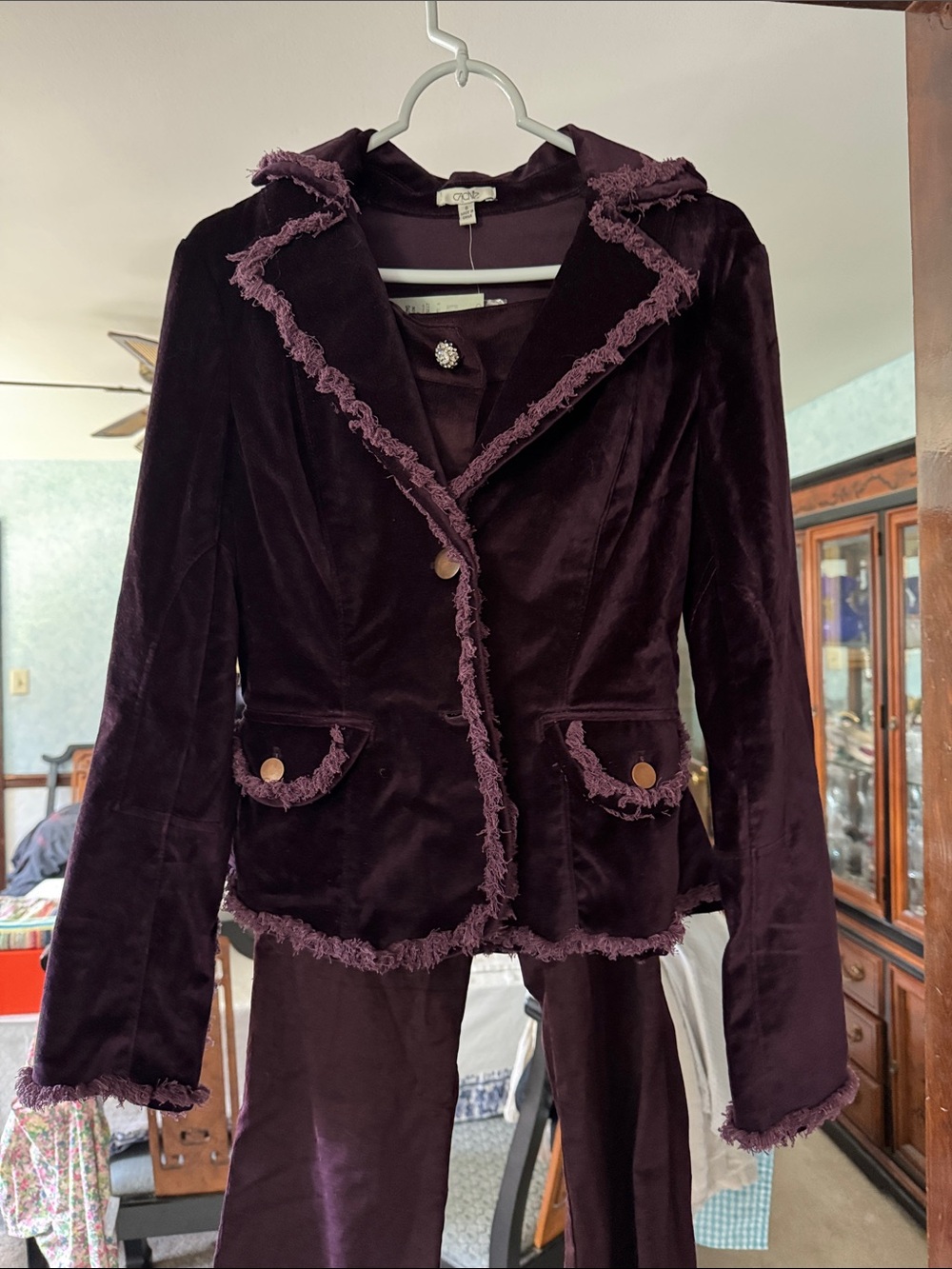 Cache Plum Velvet Blazer and Pants with Fringe Trim